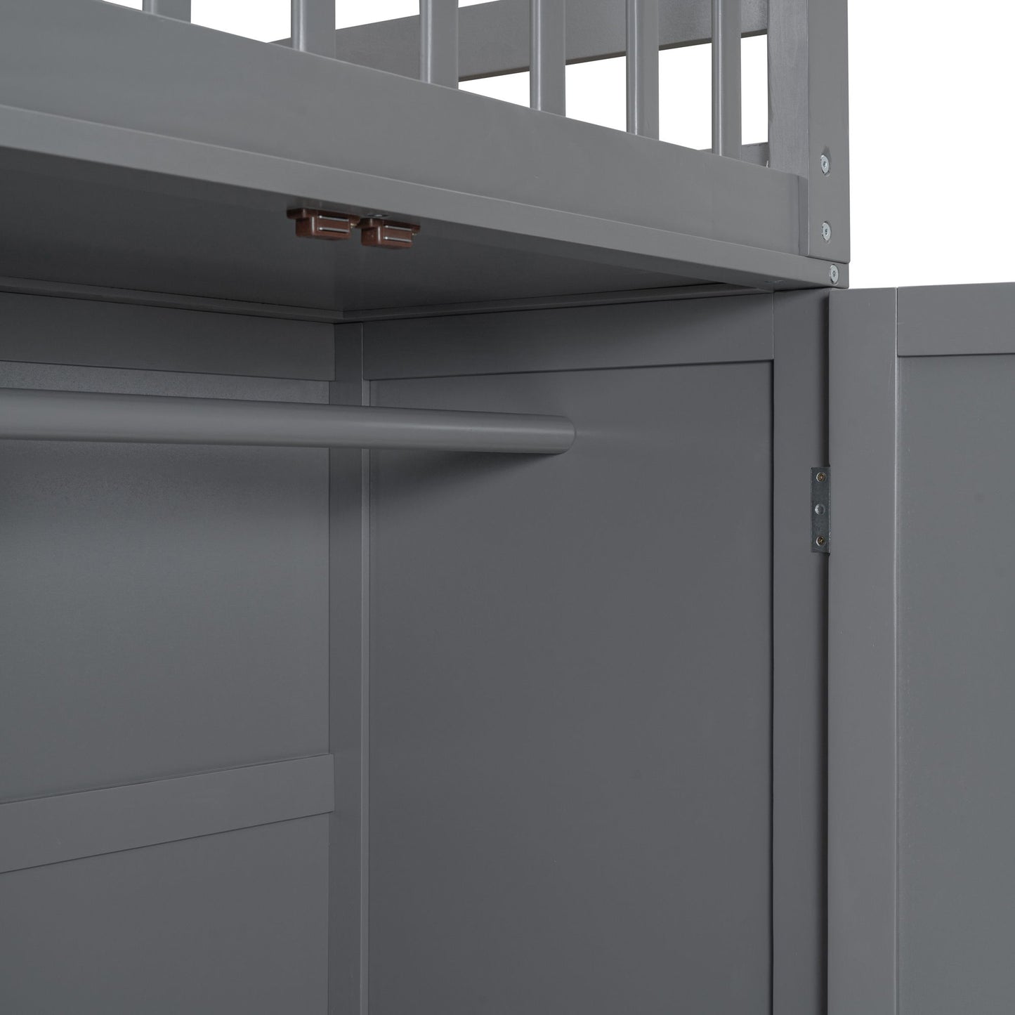 Twin Twin Over Full L Shaped Bunk Bed With 3 Drawers, Portable Desk And Wardrobe - Gray