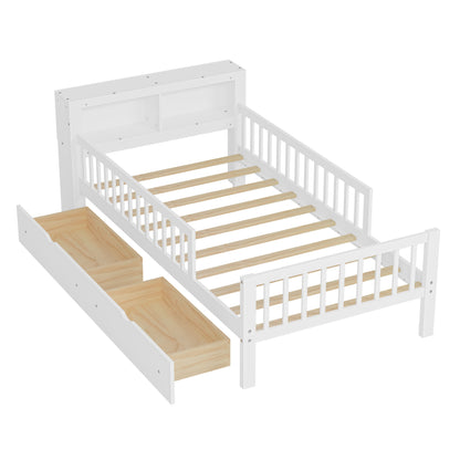 Twin Size Bed With Headboard Storage Rack, 2 Under Bed Drawers, 3 - Side Guardrails For Safety And Security - White