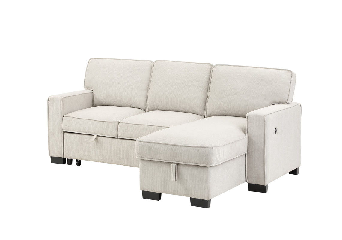 Estelle - Fabric Reversible Sleeper Sectional With Storage Chaise Drop-Down Table 2 Cup Holders And 2 USB Ports - Beige