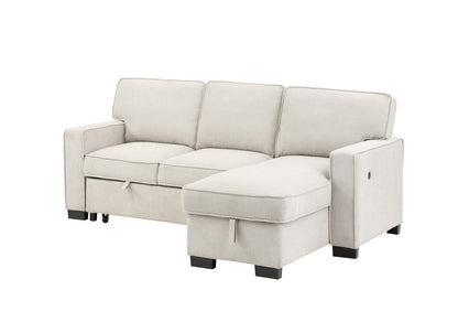 Estelle - Fabric Reversible Sleeper Sectional With Storage Chaise Drop-Down Table 2 Cup Holders And 2 USB Ports - Beige