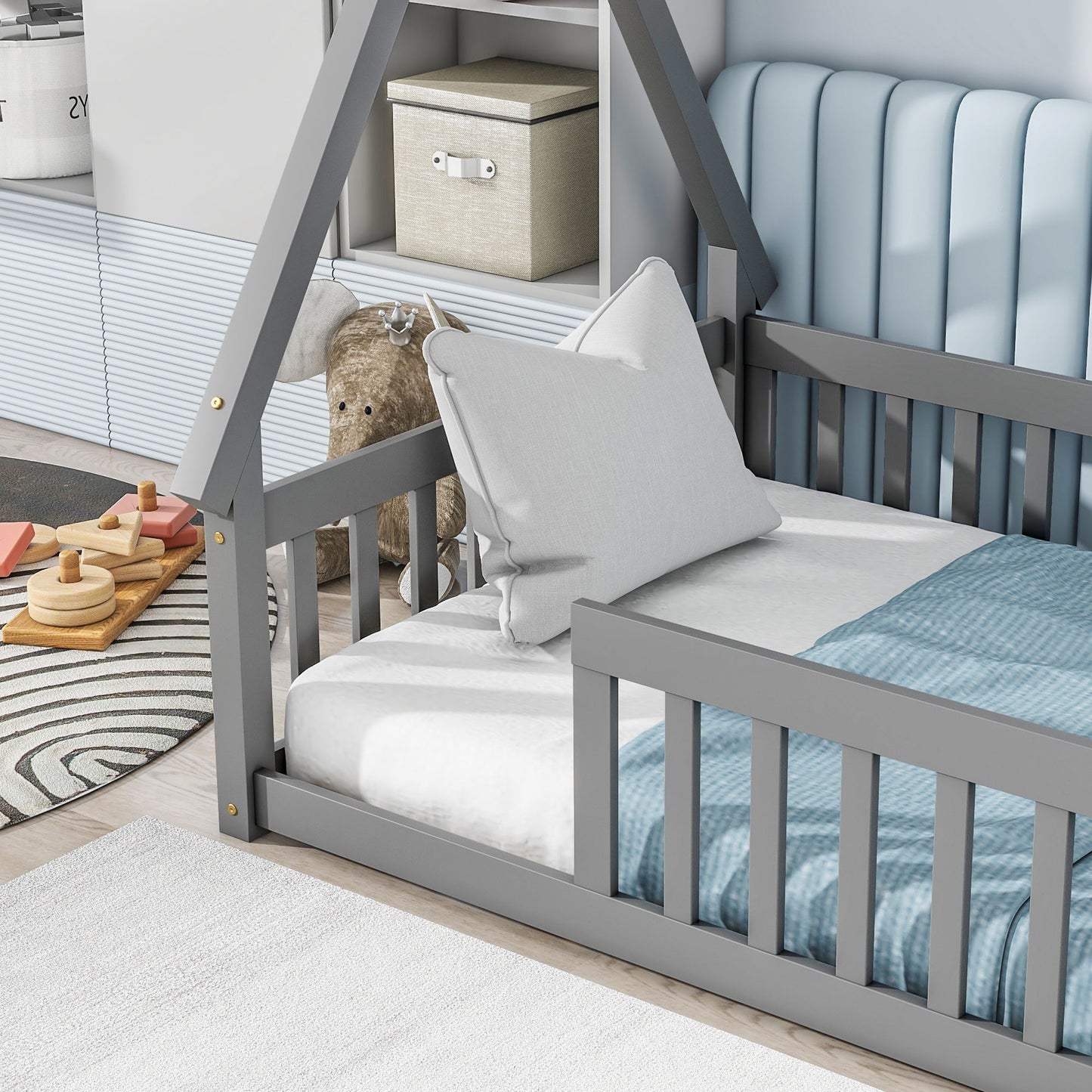 Twin Tent-Shaped Floor Bed, Teepee Bed With Guardrails, Slats - Gray