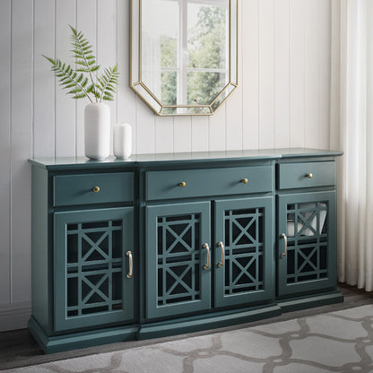 Classic Fretwork Detailed Glass Door Sideboard - Dark Teal