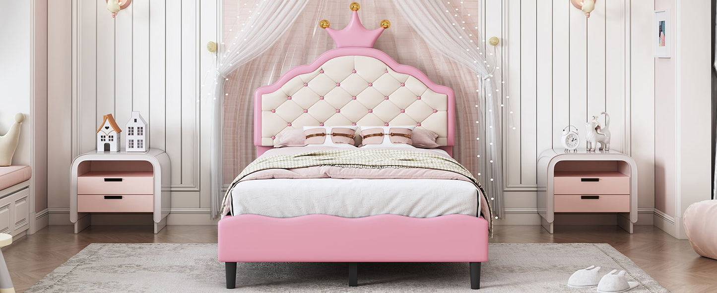 Twin Size Lovely Crown Fantasy Leather Princess Bed With Tufted Headboard - Pink / Cream
