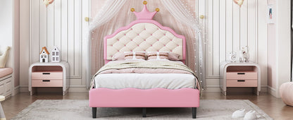 Twin Size Lovely Crown Fantasy Leather Princess Bed With Tufted Headboard - Pink / Cream