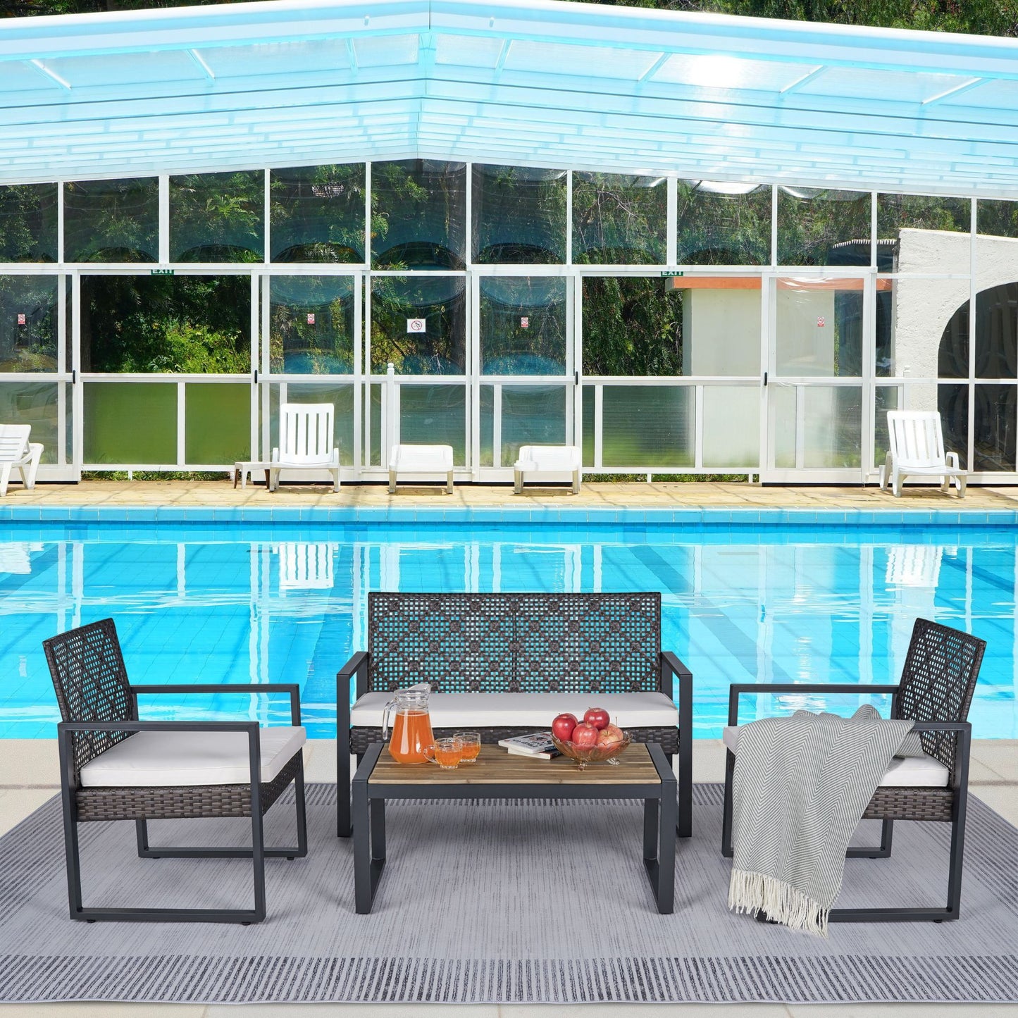 Modern 4 Piece Patio Furniture Set With Acacia Wood Table Top And Beige Cushions - Brown