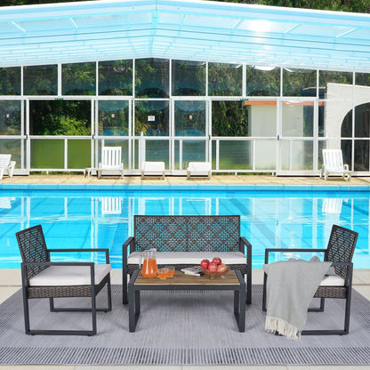 Modern 4 Piece Patio Furniture Set With Acacia Wood Table Top And Beige Cushions - Brown