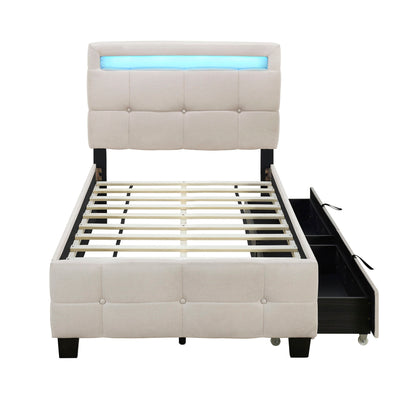 Twin Size Upholstered Platform Bed With LED Frame And 2 Drawers - Beige