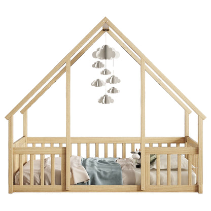 Full Wood House-Shaped Floor Bed With Fence, Guardrails - Natural