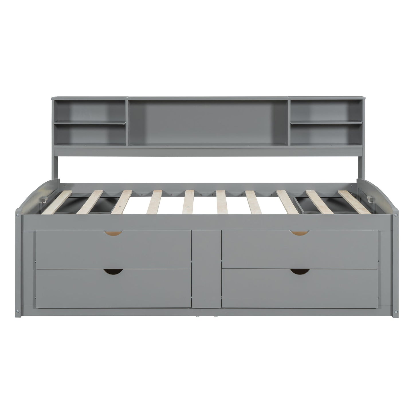 Full Size Daybed With 2 Bedside Cabinets, Upper Shelves And 4 Drawers - Gray