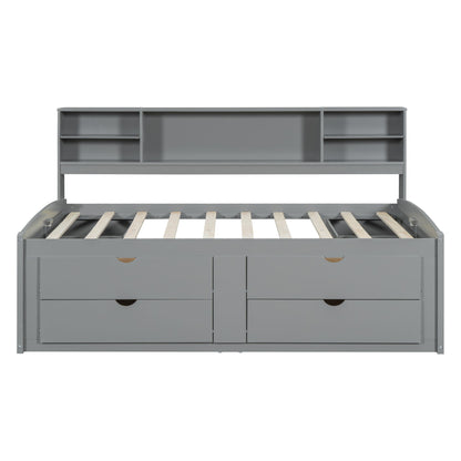 Full Size Daybed With 2 Bedside Cabinets, Upper Shelves And 4 Drawers - Gray
