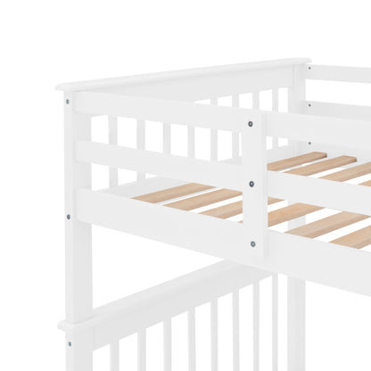 Twin Over Twin Stairway Bunk Bed With Storage And Guard Rail For Bedroom - White