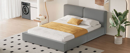 Queen Size Upholstered Platform Bed, Grounded Bed With Solid Frame - Gray