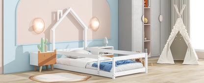 Twin Size Wood Bed With House-Shaped Headboard Floor Bed With Fences - White