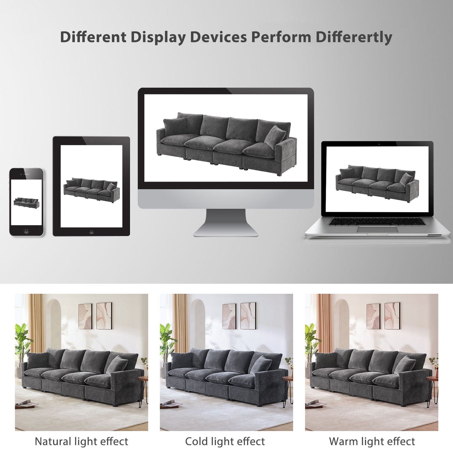 Modern Modular Sofa, 4 Seat Chenille Sectional Couch Set With 2 Pillows Included, Freely Combinable Indoor Funiture - Black / Gray