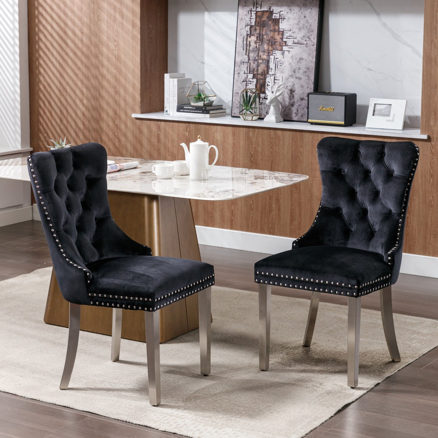 Nikki - Modern, High-End Tufted Solid Wood Contemporary Velvet Upholstered Dining Chair With Chrome Stainless Steel Plating Legs, Nailhead Trim (Set of 2) - Black / Chrome