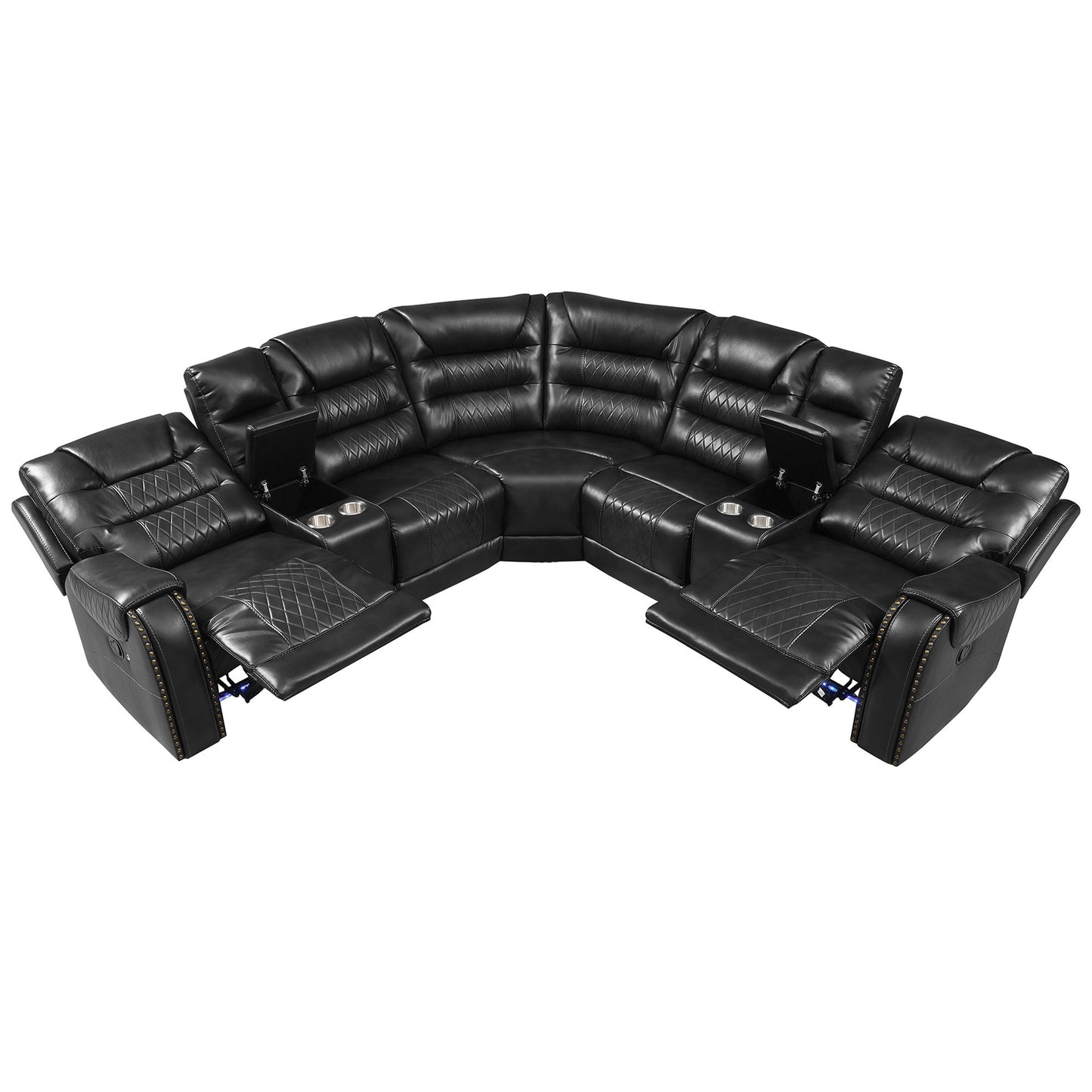 Manual Reclining Sectional Sofa Set L Shaped Symmetrical Motion Sofa Corner Couch Sets With Storage Boxes, 4 Cup Holders And LED Light Strip For Living Room - Black