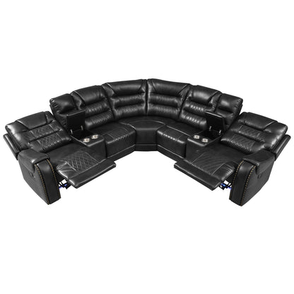 Manual Reclining Sectional Sofa Set L Shaped Symmetrical Motion Sofa Corner Couch Sets With Storage Boxes, 4 Cup Holders And LED Light Strip For Living Room - Black