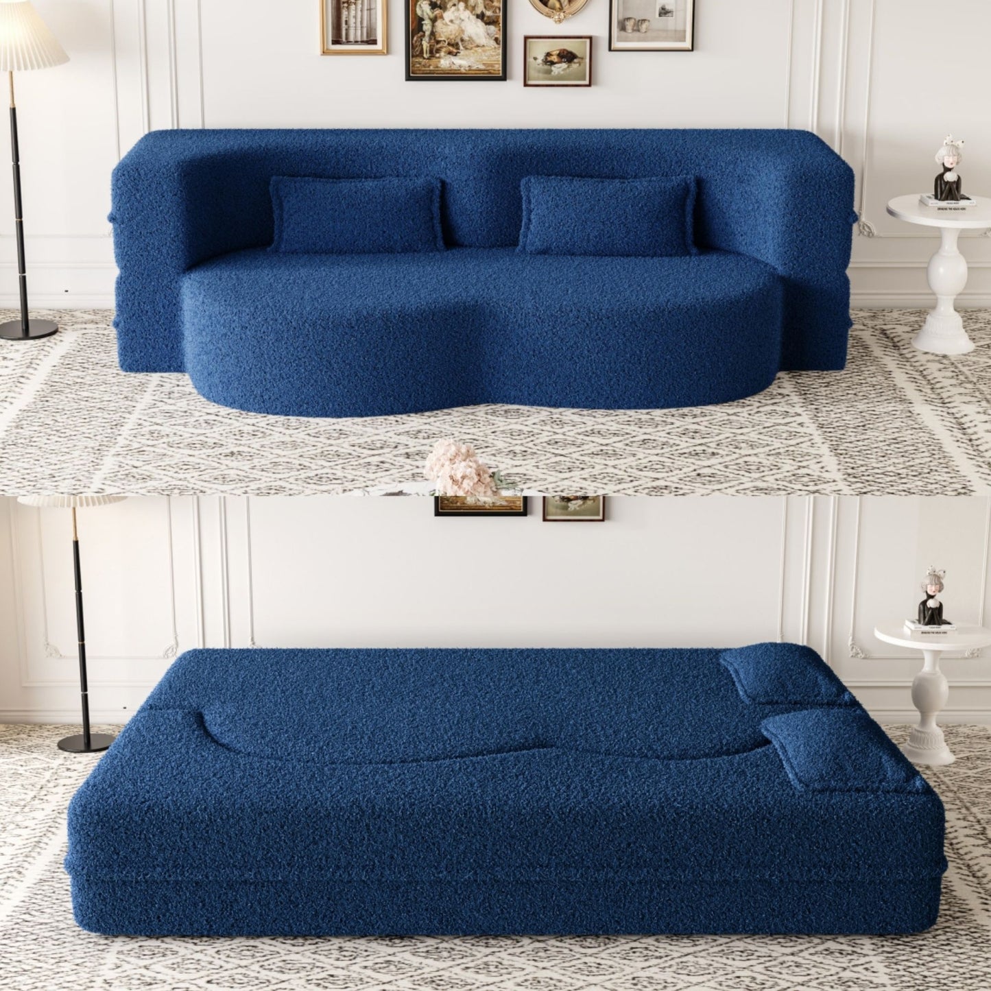 Modern Floor Sofa With 2 Pillows, Convertible Teddy Fabric Foam Filled Sleeper Sofa Bed, Full Size Folding Mattress For Living Room Guest Bed, Playroom, No Assembly Required - Blue