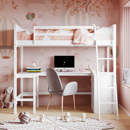 Twin Size Loft Bed With Shelves With Desk - White