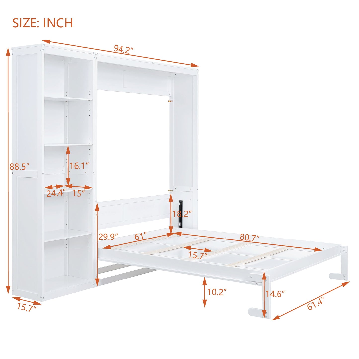 Queen Size Murphy Wall Bed With Shelves - White