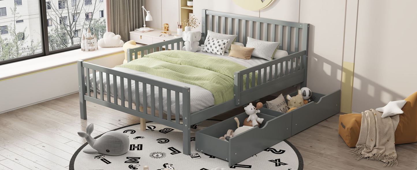 Full Size Platform Bed With Guardrails On Both Sides And 2 Storage Drawers - Gray