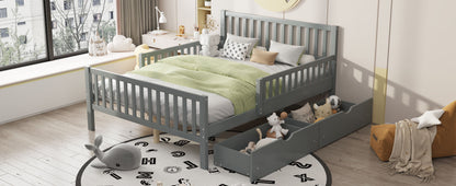 Full Size Platform Bed With Guardrails On Both Sides And 2 Storage Drawers - Gray