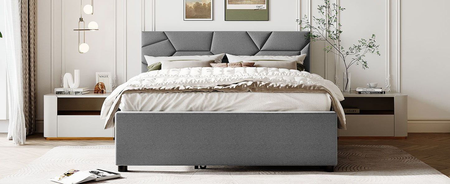 Queen Size Upholstered Platform Bed With Brick Pattern Headboard And Twin Long Size Trundle - Gray
