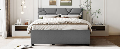 Queen Size Upholstered Platform Bed With Brick Pattern Headboard And Twin Long Size Trundle - Gray