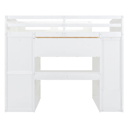 Full Size Loft Bed With Desk, Wardrobes, 4 Drawers And 4 Shelves - White