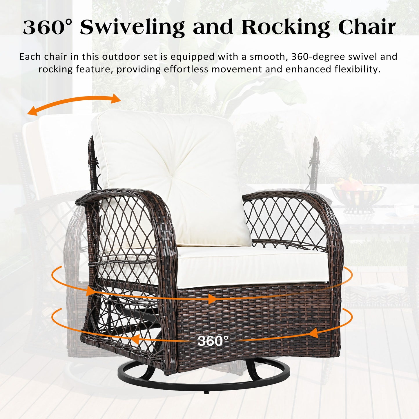 3 Piece Outdoor Chair & Table Set Chat Set 2 Person Rattan Seating Group With 2 Swiveling And Rocking Chairs And A Square Table For Garden, Patio, Or Balcony - Brown