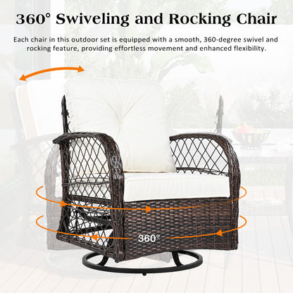 3 Piece Outdoor Chair & Table Set Chat Set 2 Person Rattan Seating Group With 2 Swiveling And Rocking Chairs And A Square Table For Garden, Patio, Or Balcony - Brown