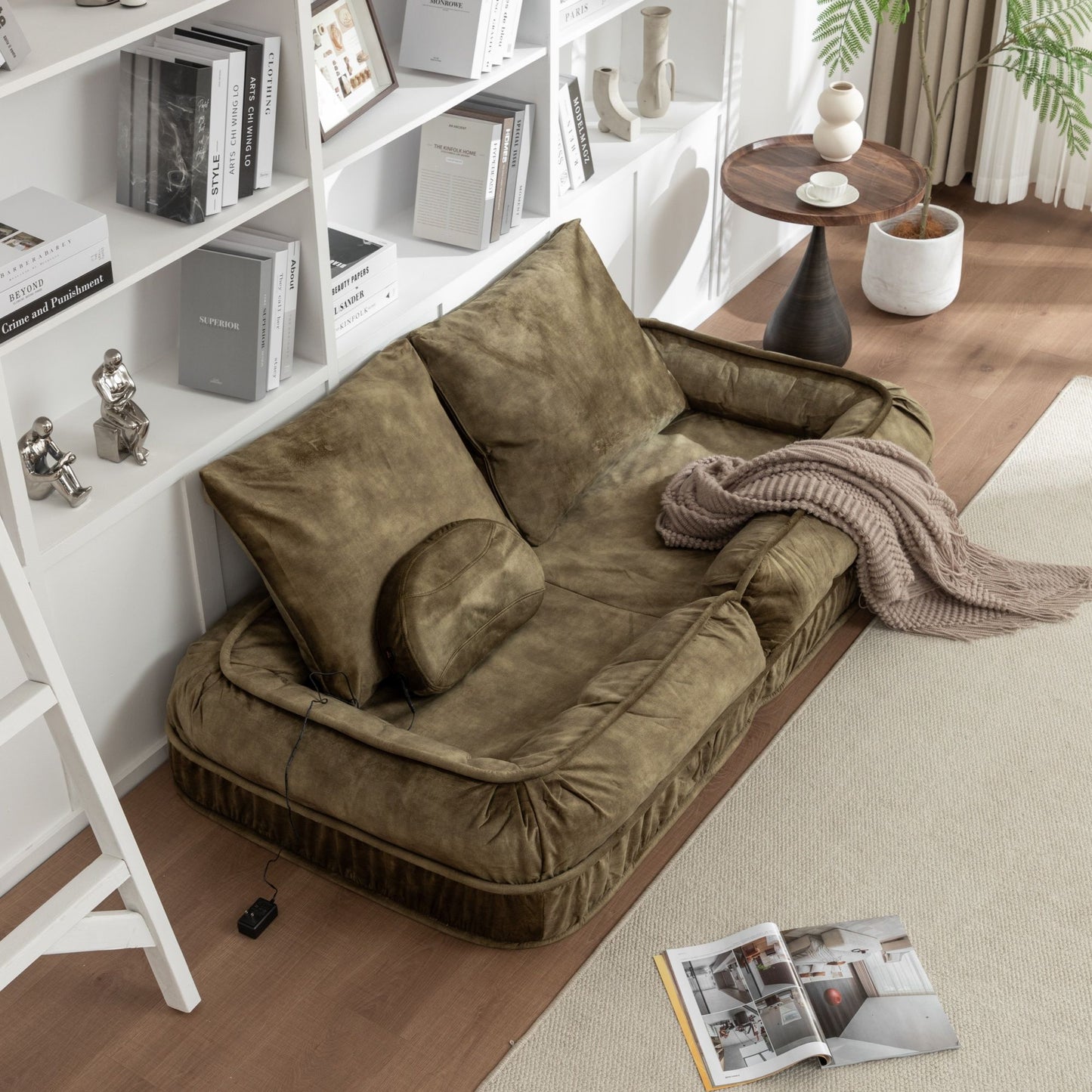 Upholstered Human Dog Bed And Pets Bean Bag Floor Sofa With Massage Pillow, 5 Adjustable Positions & 2 Soft Pillows Velvet With Foam And Iron Plastic Frame - Green