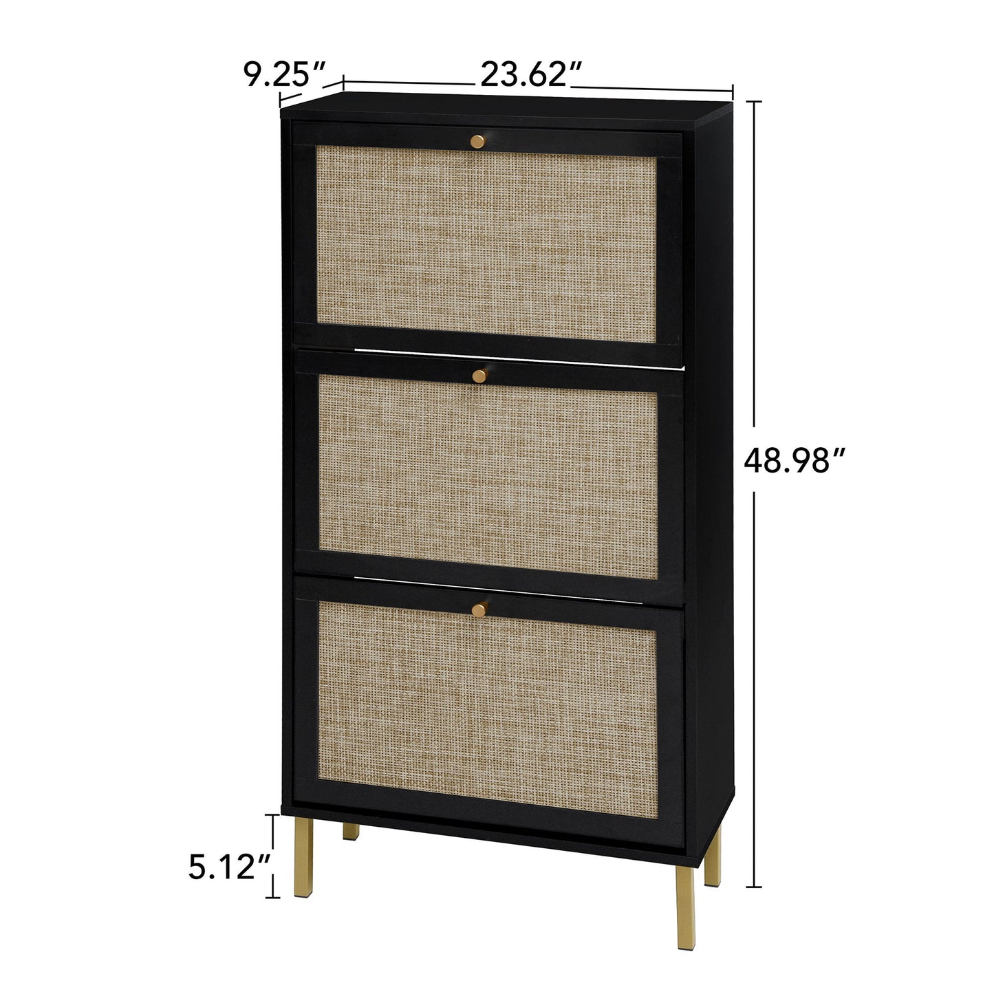 Modern Rattan 3 Door Shoe Rack Cabinet For Entryway Freestanding Black Storage Unit In Particle Board - Black
