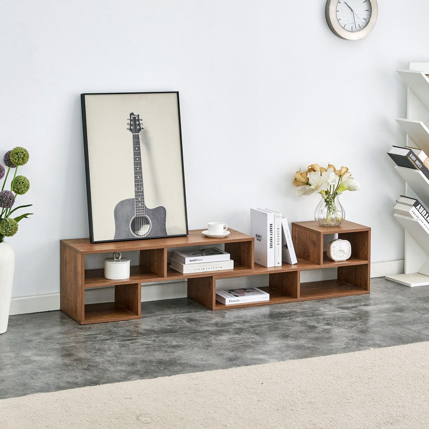 Modern 2 Piece Cube TV Stand With Open Storage, L Shaped Design - Walnut