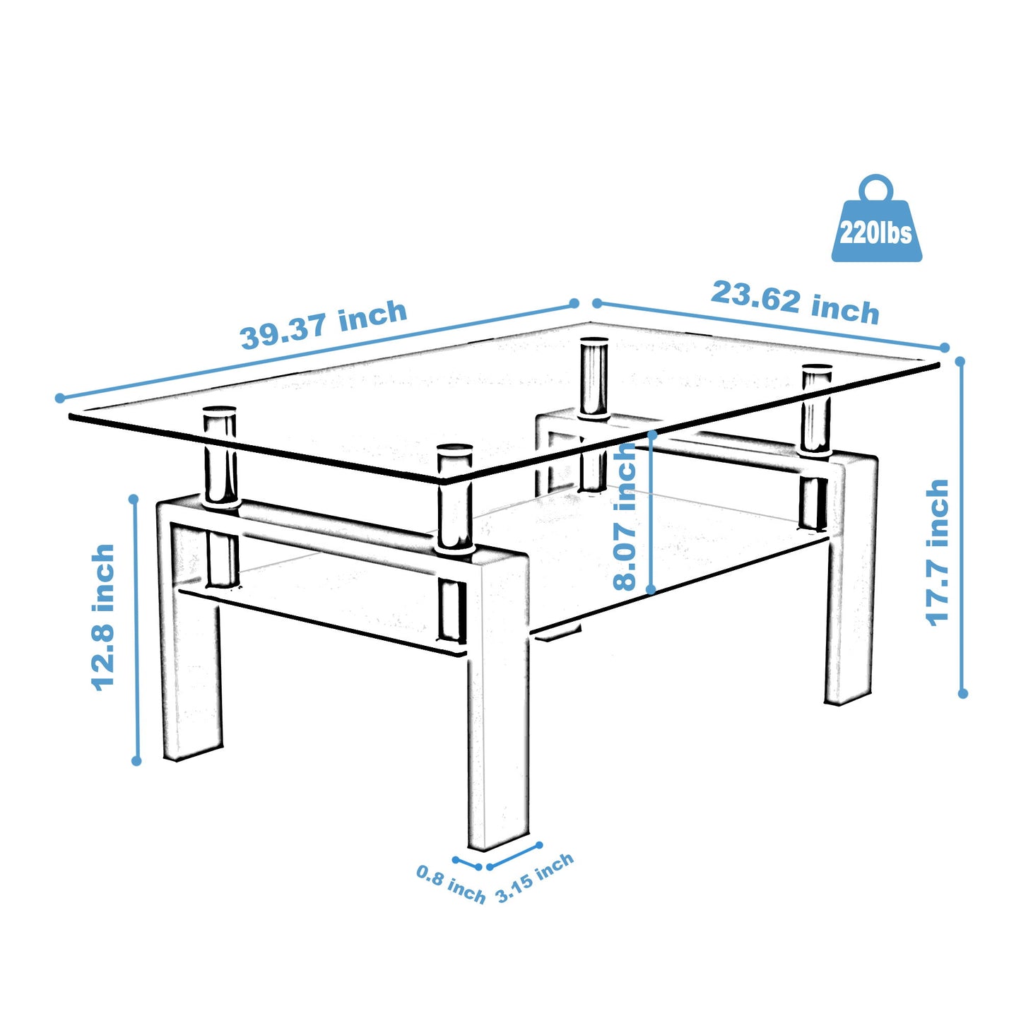 Rectangle Coffee Table, Modern Side Center Tables For Furniture - Black / Clear