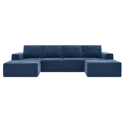 Modular U Shaped Sectional With Ottomans, Luxury Cloud Floor Couch With Deep Seat Fully Compressed Upholstered Sofa - Navy