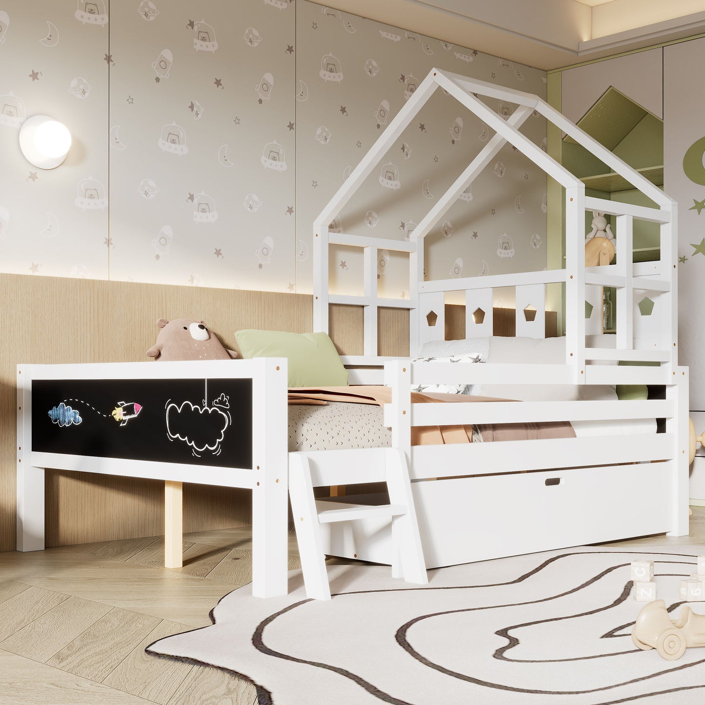 Full Size House Bed With Ladder And Storage Drawers Platform With Blackboard, No Box Spring - White