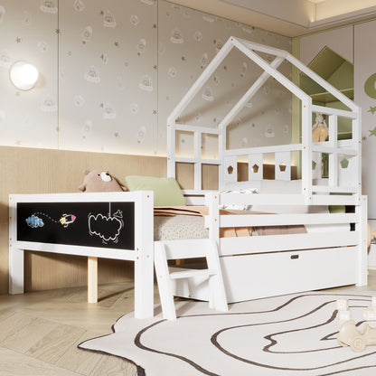 Full Size House Bed With Ladder And Storage Drawers Platform With Blackboard, No Box Spring - White