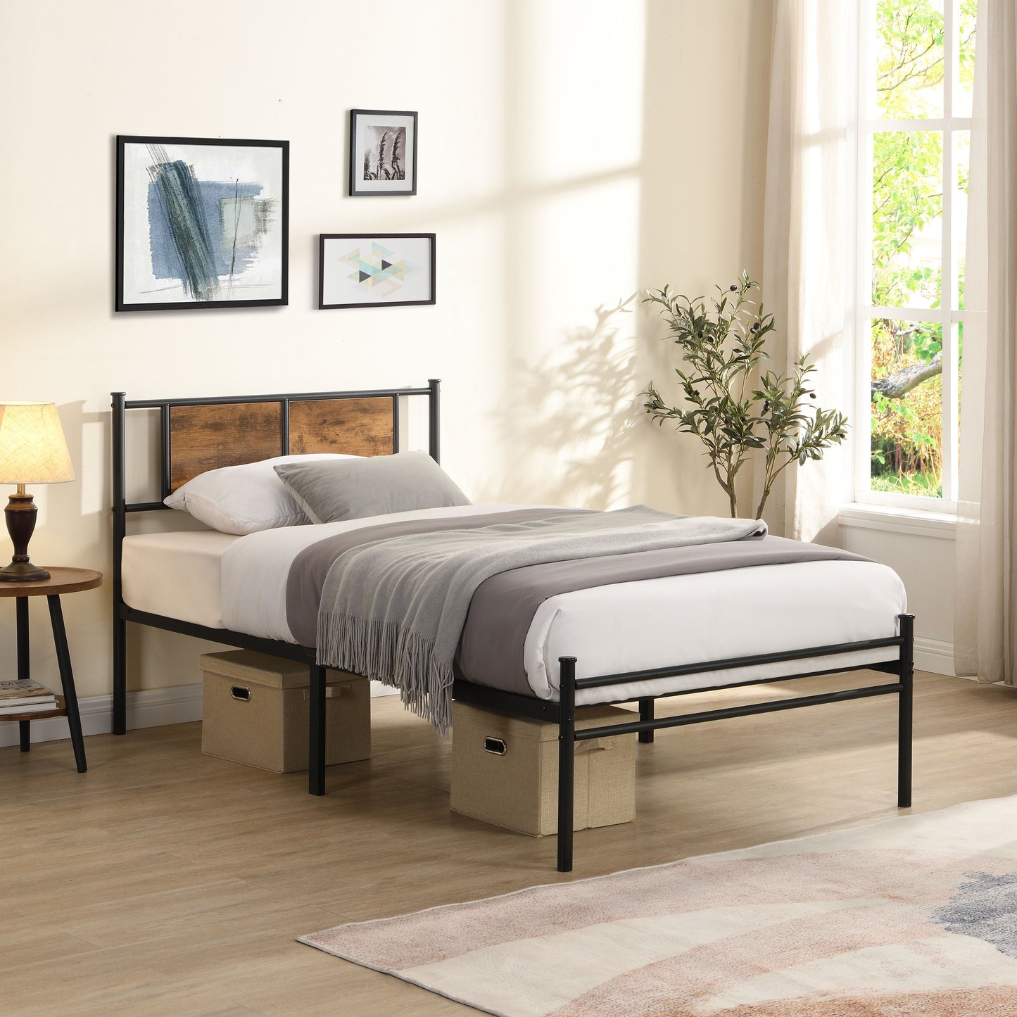 Modern Twin Long Size Metal Bedframe With Wood Panel Headboard - Black / Brown