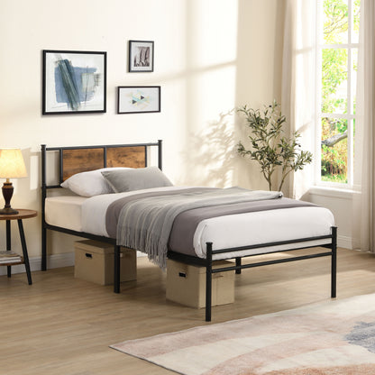 Modern Twin Long Size Metal Bedframe With Wood Panel Headboard - Black / Brown