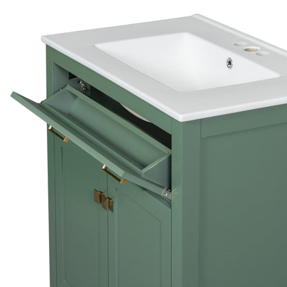 Bathroom Vanity With Ceramic Sink, Modern Single Bathroom Cabinet With 2 Doors And A Shelf, Soft Close Doors - Green