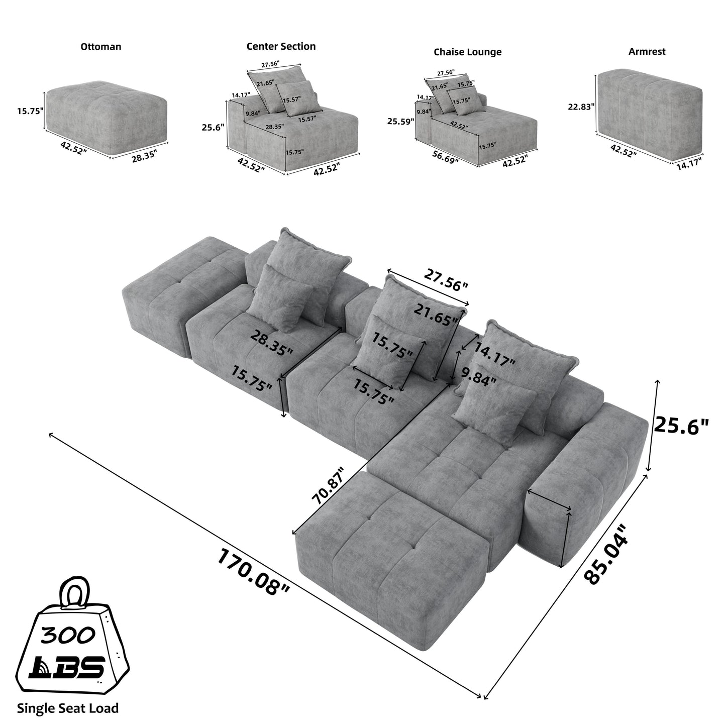 Modern Oversized Modular Sectional Sofa, Sparkling Chenille Fabric Soft Cushion Sofa With 6 Pillows, 6 Pieces Diy Combination Tufted Sofa, No Assembly Required - Blue