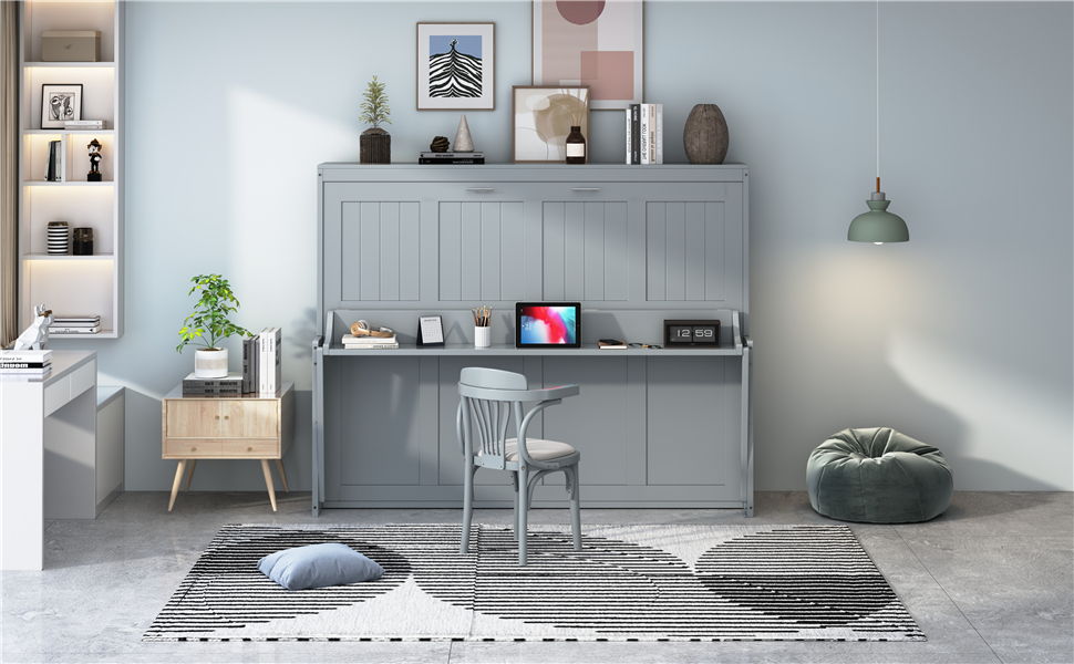 Full Size Murphy Bed With Hydraulic Lift & Desk Design - Gray