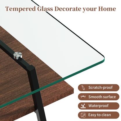 Rectangle Coffee Table, Tempered Glass Tabletop With Metal Legs, Modern Table For Living Room, Transparent Glass - Dark Brown