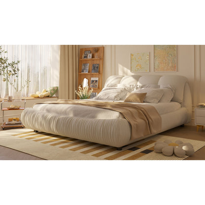 Queen Size Luxury Upholstered Platform Bed With Oversized Padded Backrest And Solid Wood Frame, Suitable For Multiple Heights Of Mattresses - Beige