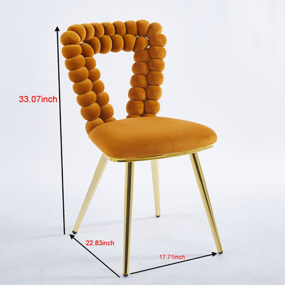 Modern Chair With Iron Tube Legs, Soft Cushions And Comfortable Backrest, Suitable For Dining Room, Living Room, Cafe, Hairball Back (Set of 2) - Orange / Gold