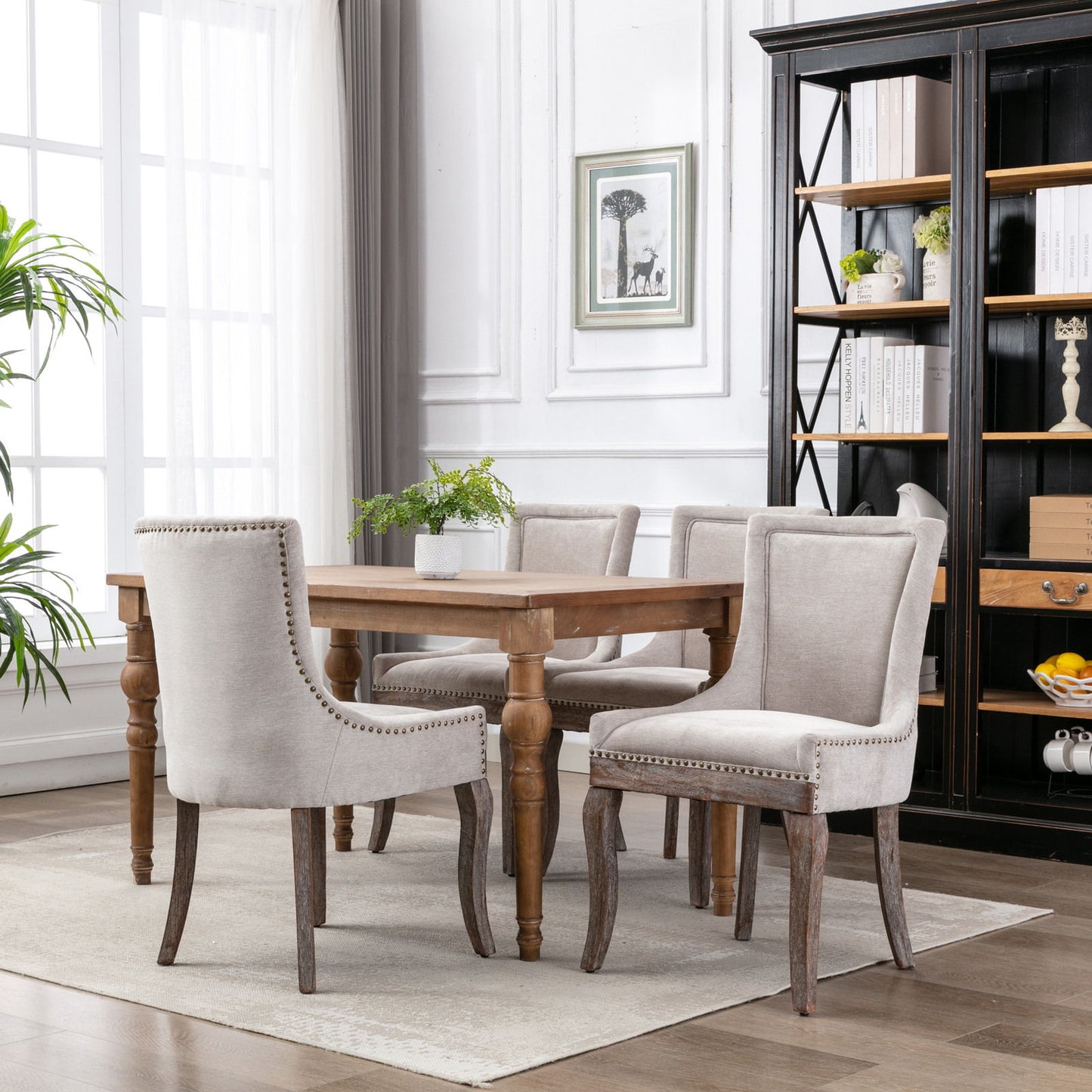 Ultra Side Dining Chair,Thickened Fabric Chairs With Neutrally Toned Solid Wood Legs, Bronze Nail Head (Set of 2) - Beige