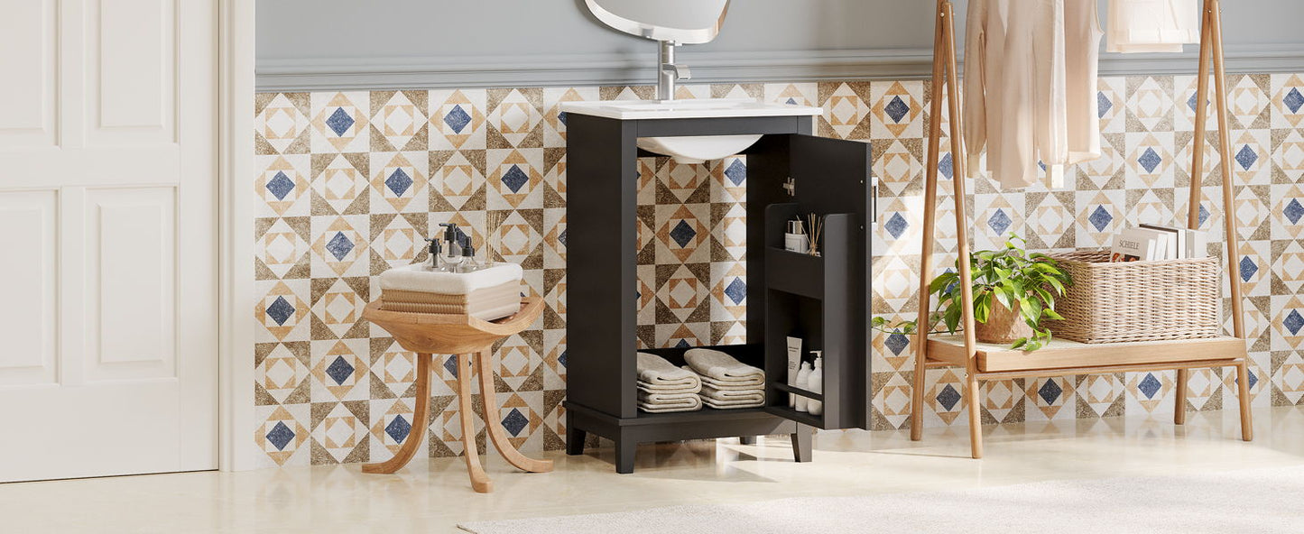 Modern Small Bathroom Vanity Cabinet With Ceramic Basin, Ample Storage, 1 Soft Close Door - Black