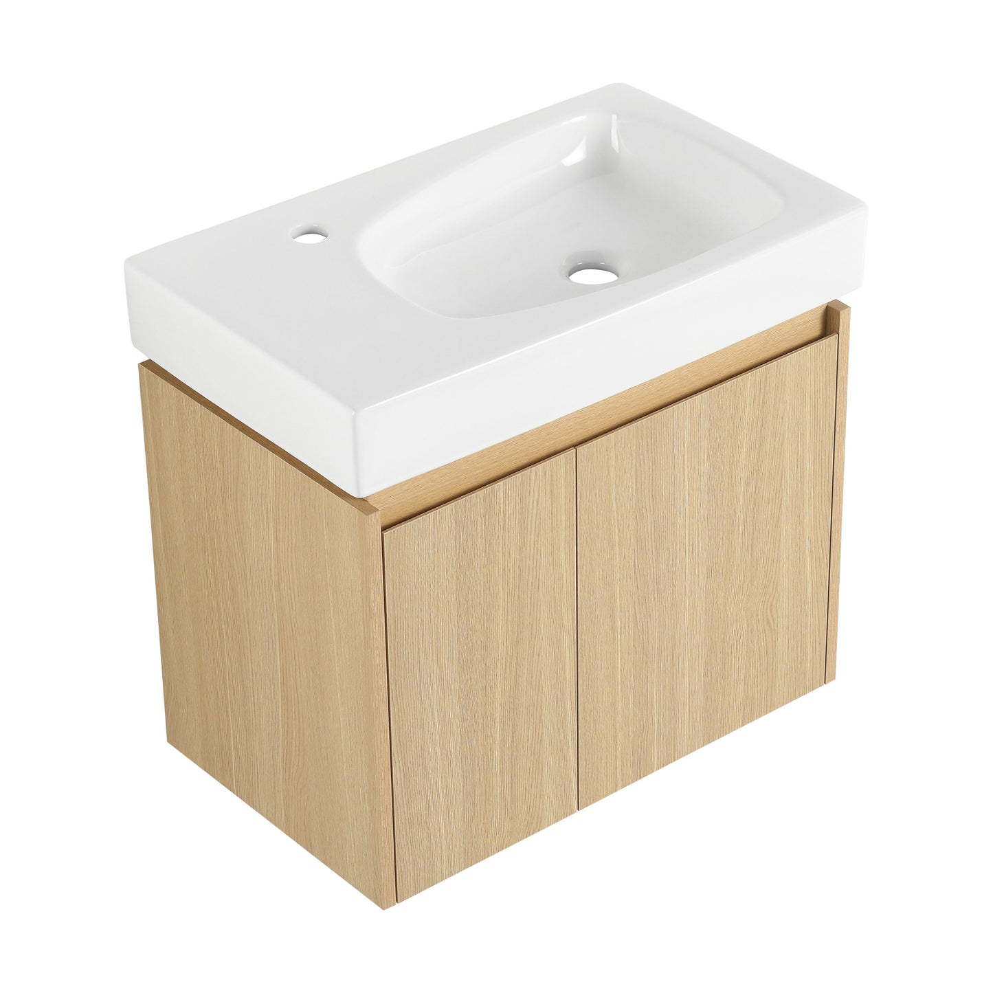 Modern 24" Bathroom Vanity With Ceramic Basin, Wall Mounted Floating Sink Combo, Wooden Storage Cabinet - Oak