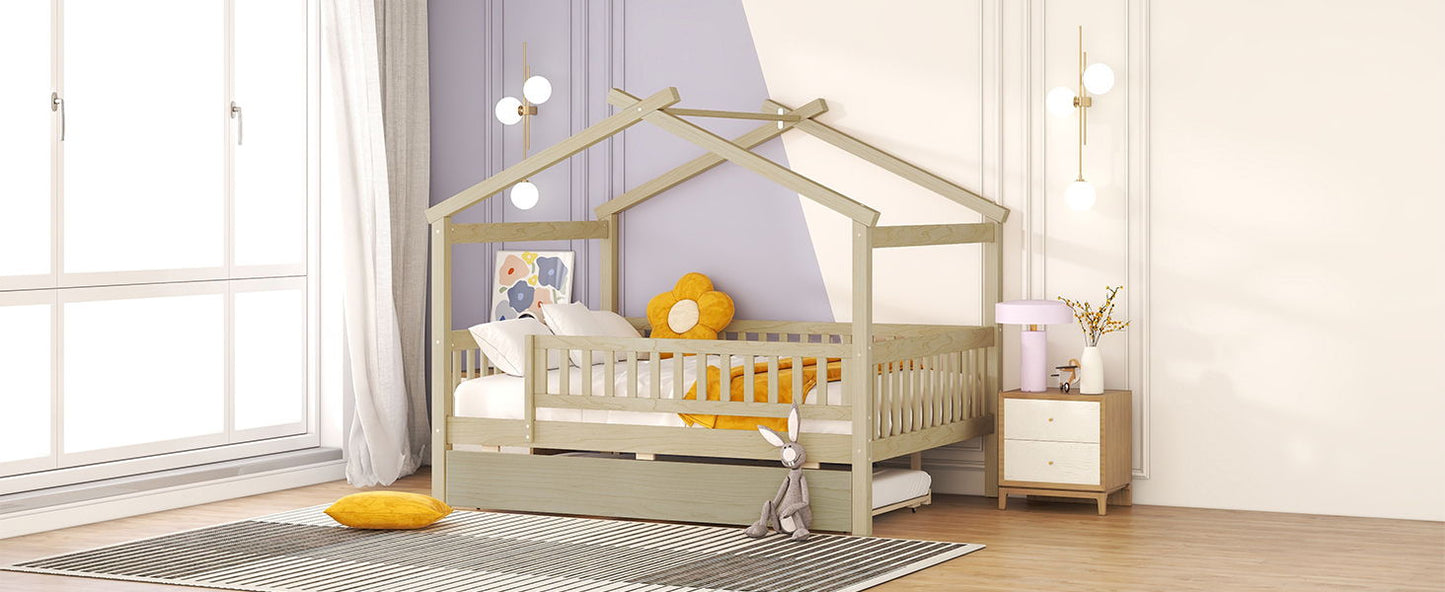 Full Size House Bed With Twin Size Trundle - Natural